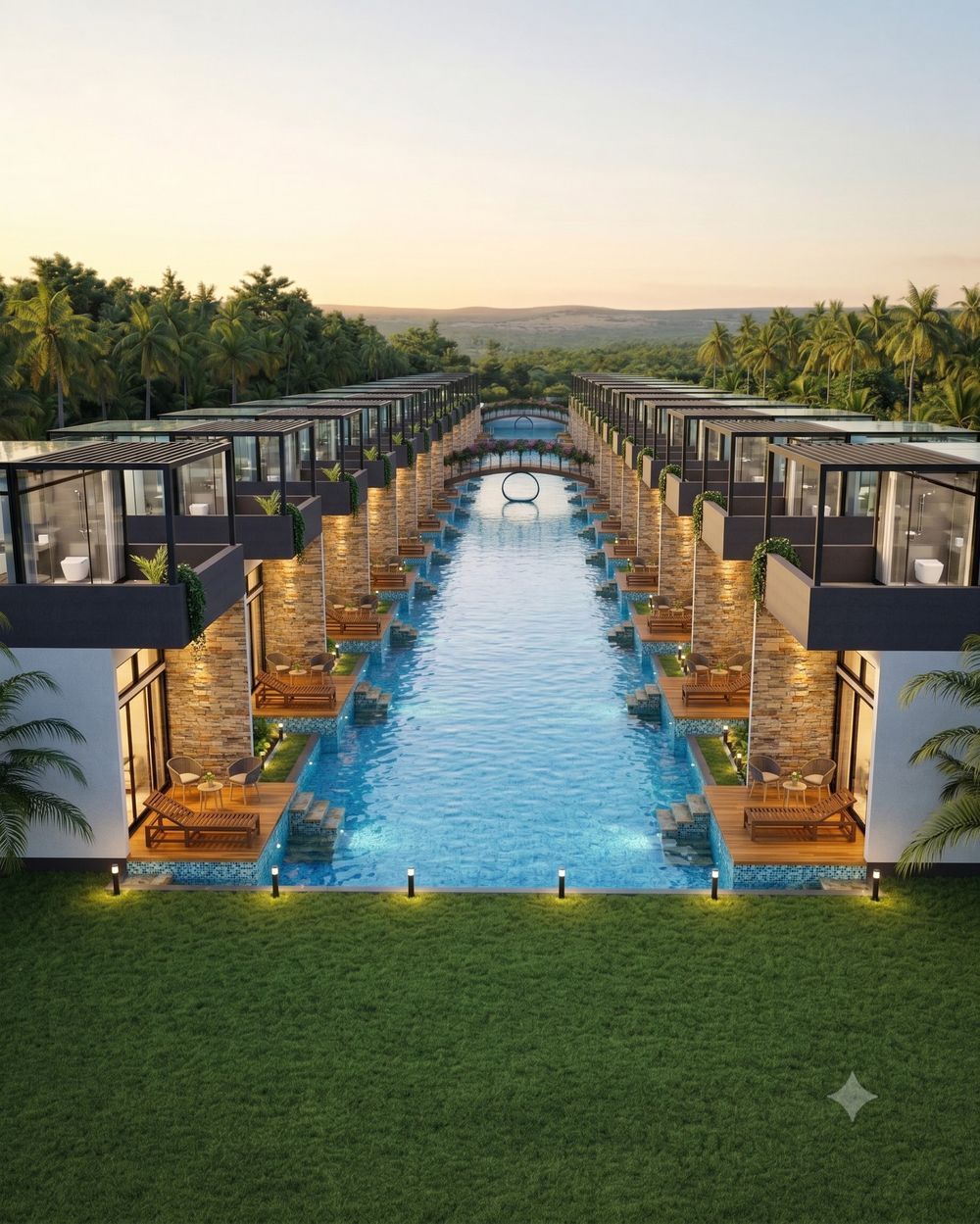 The lagoon running the length of the Glass Resort Suites estate