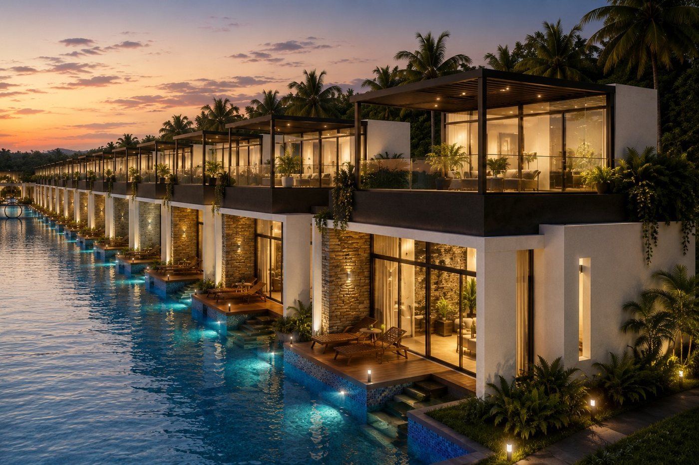 Glass resort suites at dusk beside the lagoon